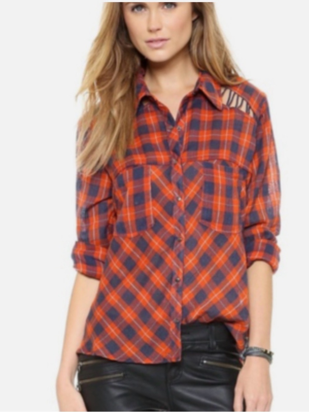 Free People Snap-Up Shirt in Orange and Navy